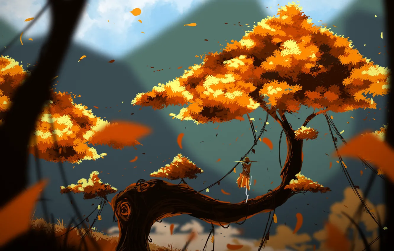 Фото обои Дерево, Рисунок, Осень, Fantasy, Пейзаж, Арт, Фантастика, Characters