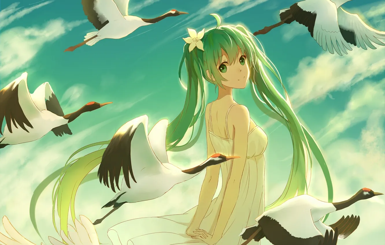 Фото обои небо, девушка, облака, птицы, аниме, арт, vocaloid, hatsune miku