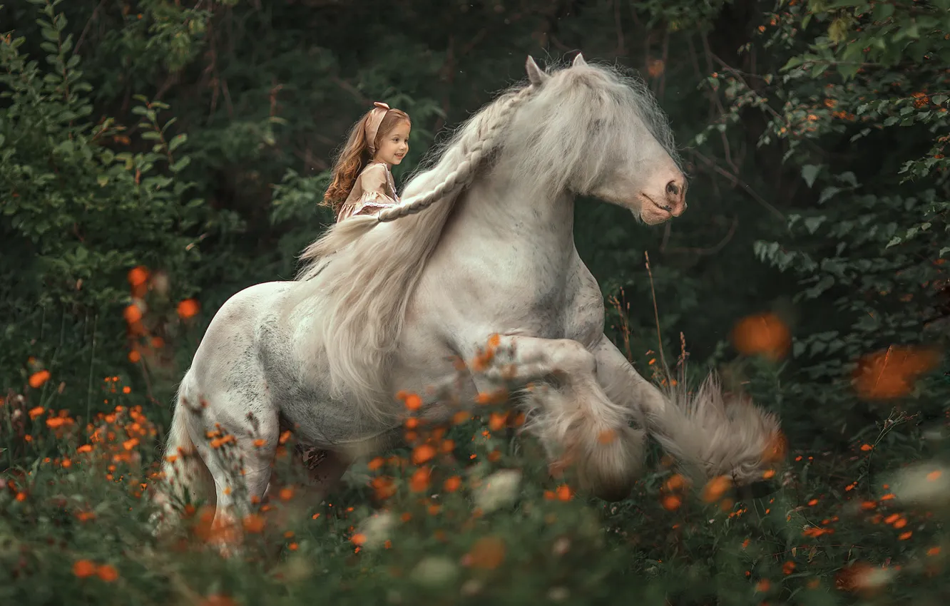 Фото обои лес, цветы, конь, всадница, грива, девочка, наездница