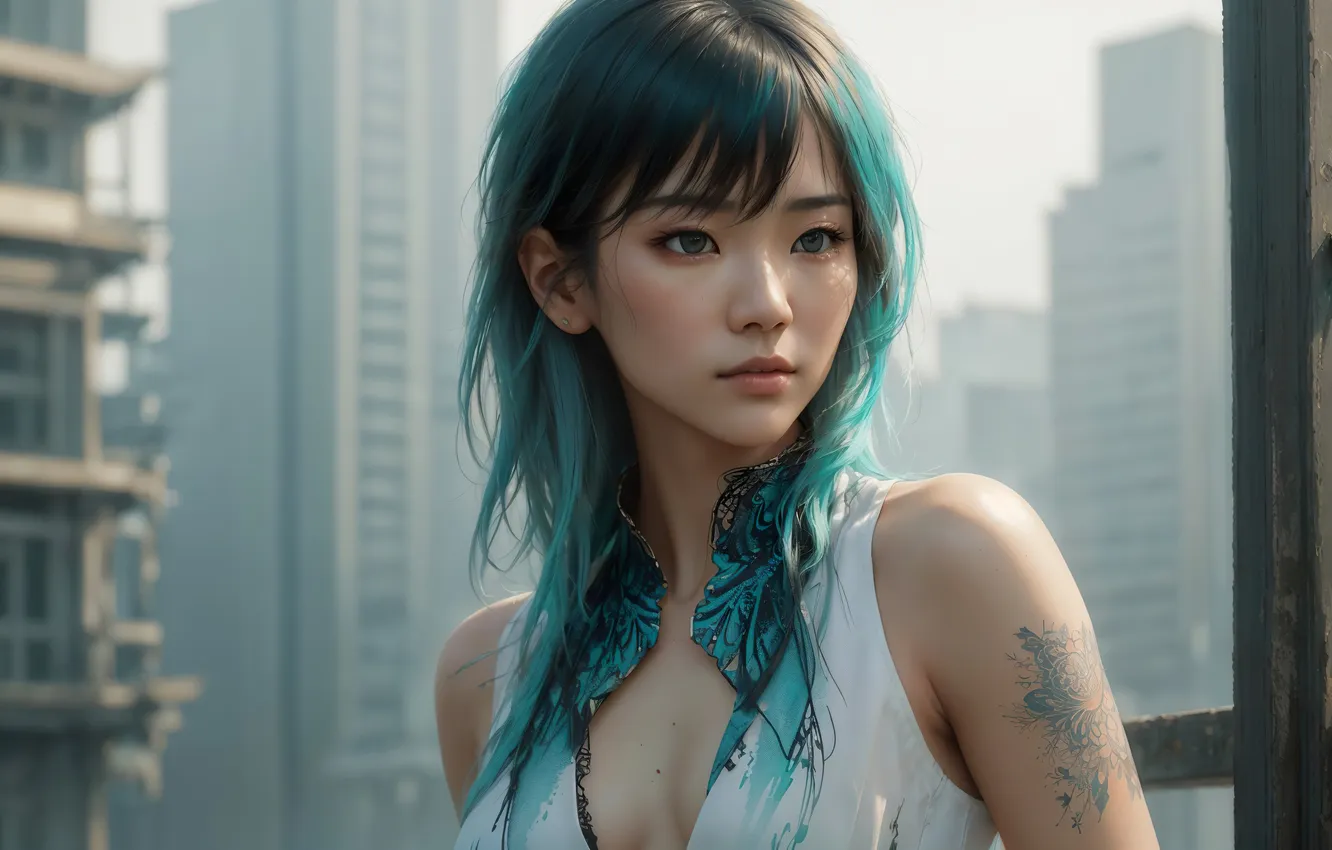Фото обои girl, fantasy, art, asian, digital art, fantasy art, fantasy girl, aqua hair
