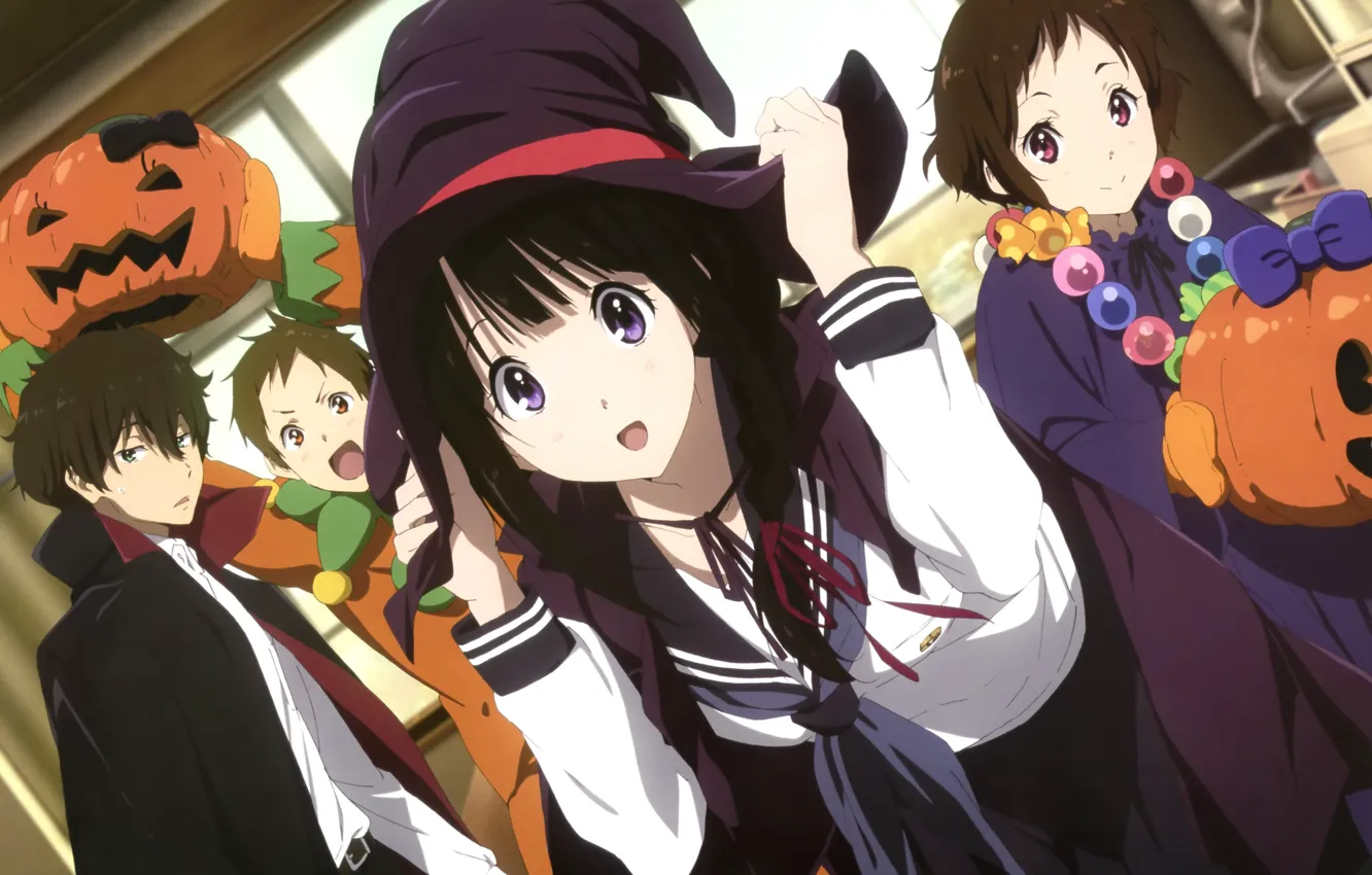 Фото обои девушка, шляпа, тыква, парень, плащ, Hyouka, Mayaka Ibara, Houtarou Oreki