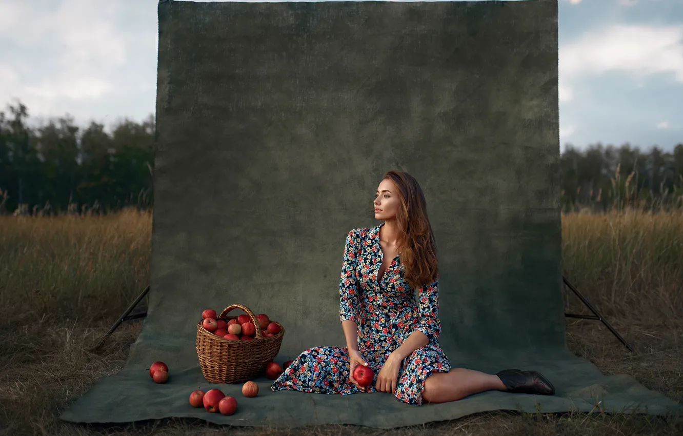 Фото обои девушка, поза, корзина, яблоки, Макс Кузин