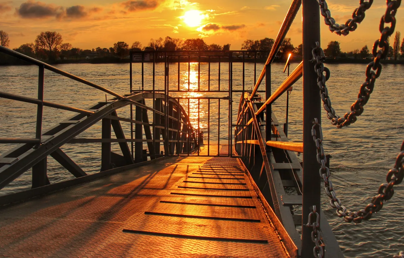 Фото обои Metal, sunset, lake, pier, bars