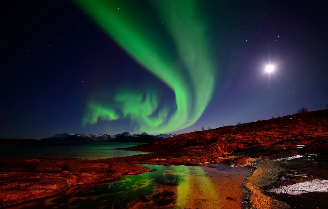 Фото обои небо, острова, звезды, горы, ночь, луна, северное сияние, Норвегия