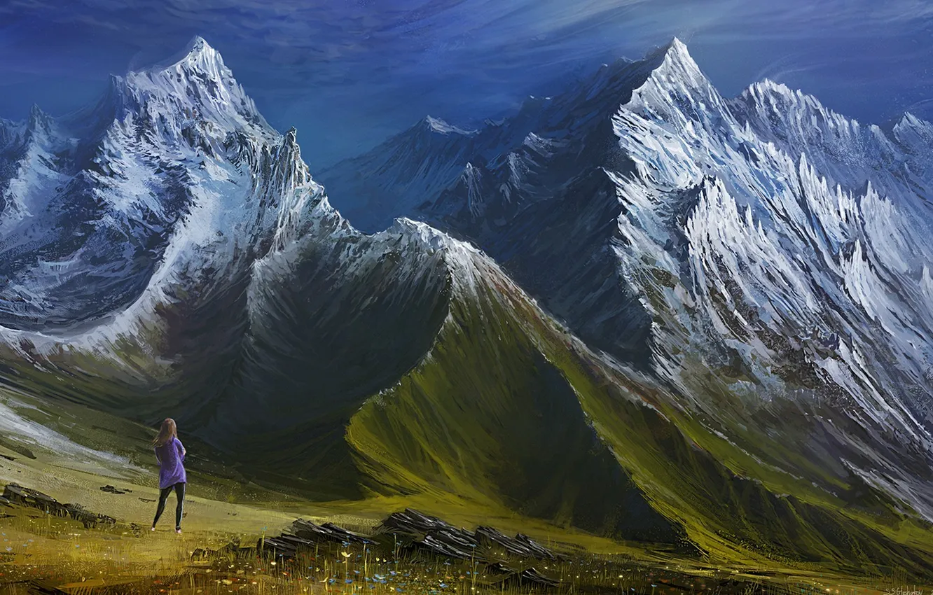 Фото обои landscape, mountains, clouds, valley, digital art, snowy peak