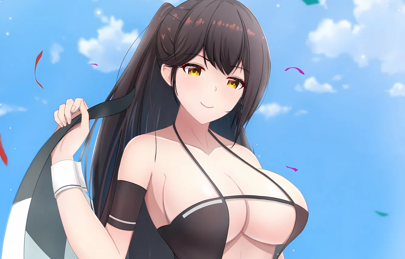 Фото обои girl, sexy, cleavage, sky, long hair, brown hair, boobs, anime