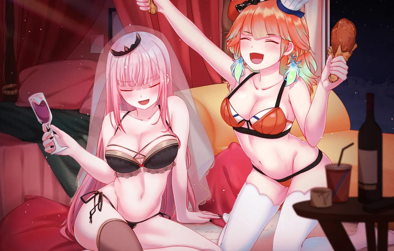 Фото обои sexy, lingerie, pantsu, bra, cleavage, panties, thighhighs, pink hair