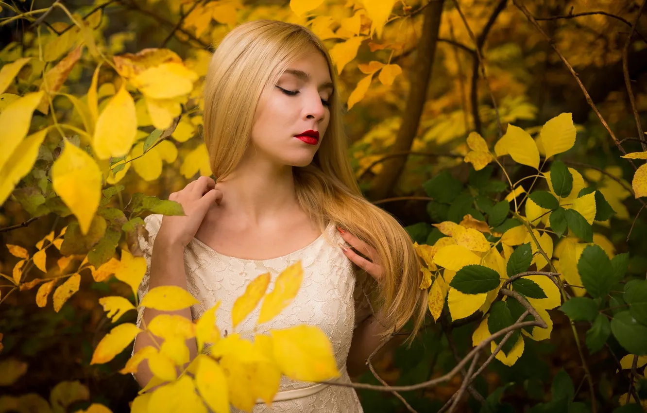 Фото обои Girl, Beautiful, Model, Autumn, View, Dress, Leaves, Attractive