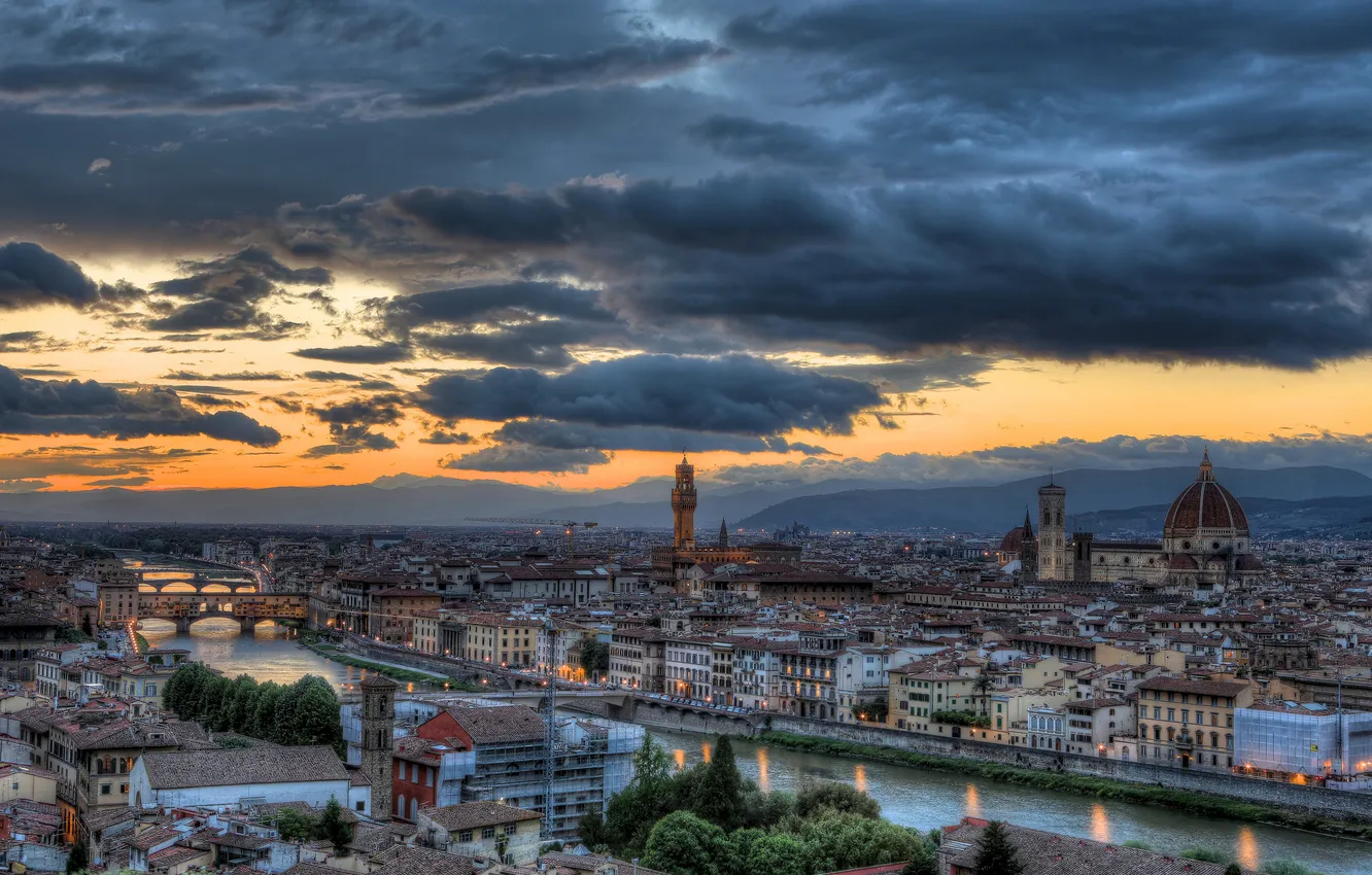 Фото обои закат, река, здания, вечер, Италия, панорама, Флоренция, Italy