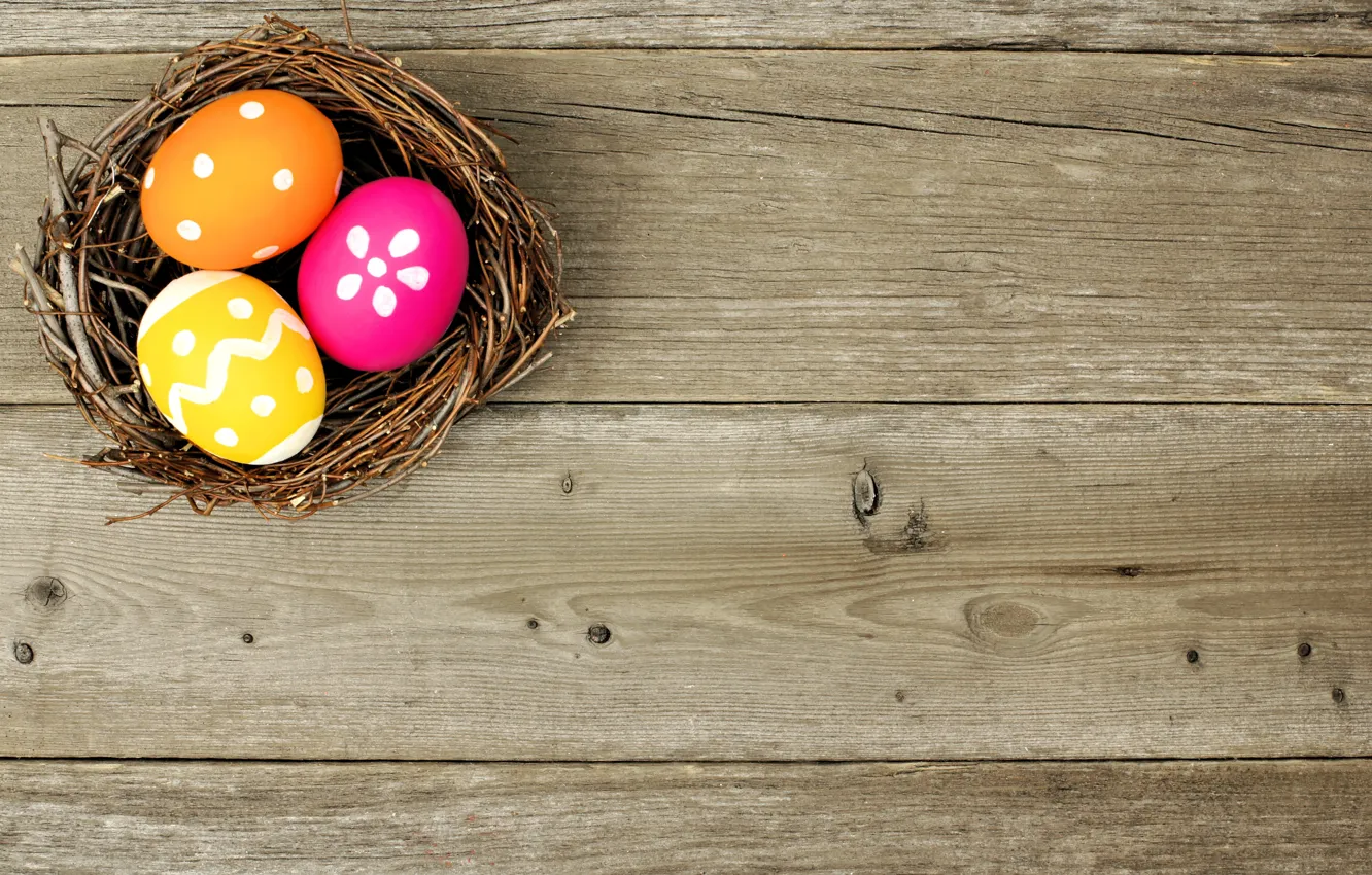 Фото обои colorful, Пасха, гнездо, happy, wood, spring, Easter, eggs