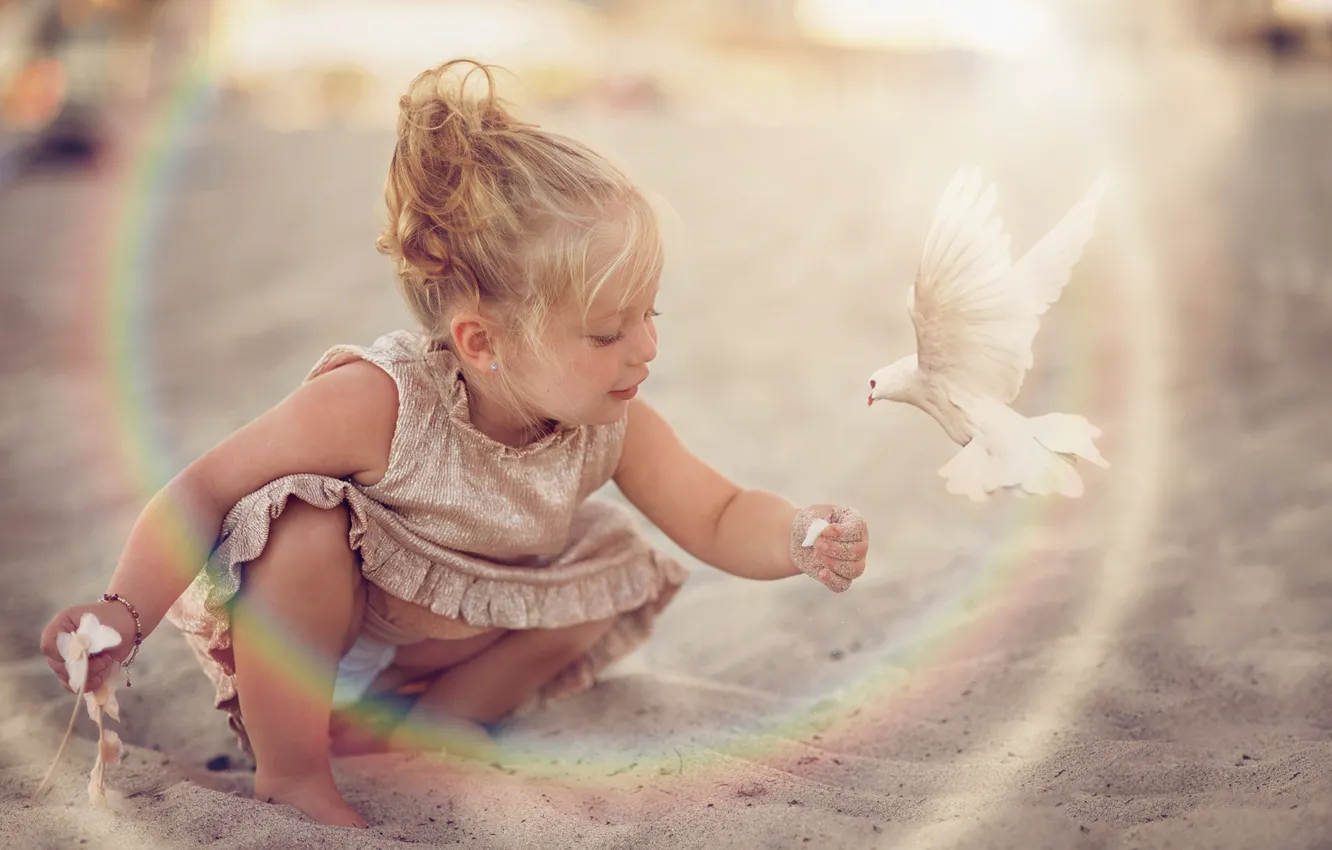 Фото обои песок, птица, голубь, платье, девочка, малышка, ребёнок, Daniela Gabay