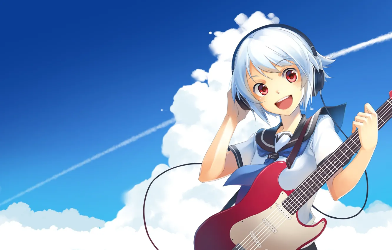 Фото обои небо, гитара, арт, девочка