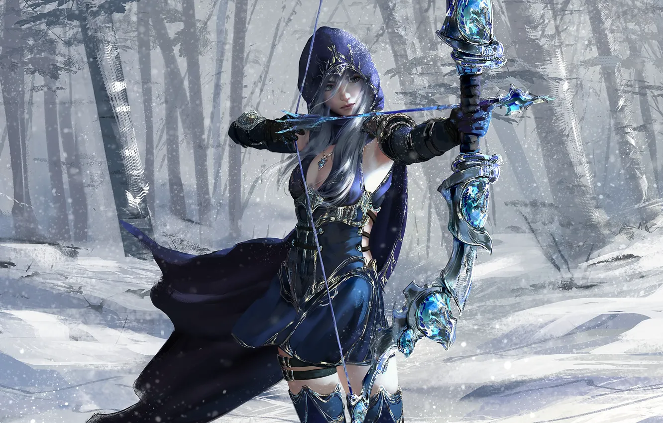 Фото обои girl, fantasy, game, forest, blue eyes, snow, League of Legends, digital art