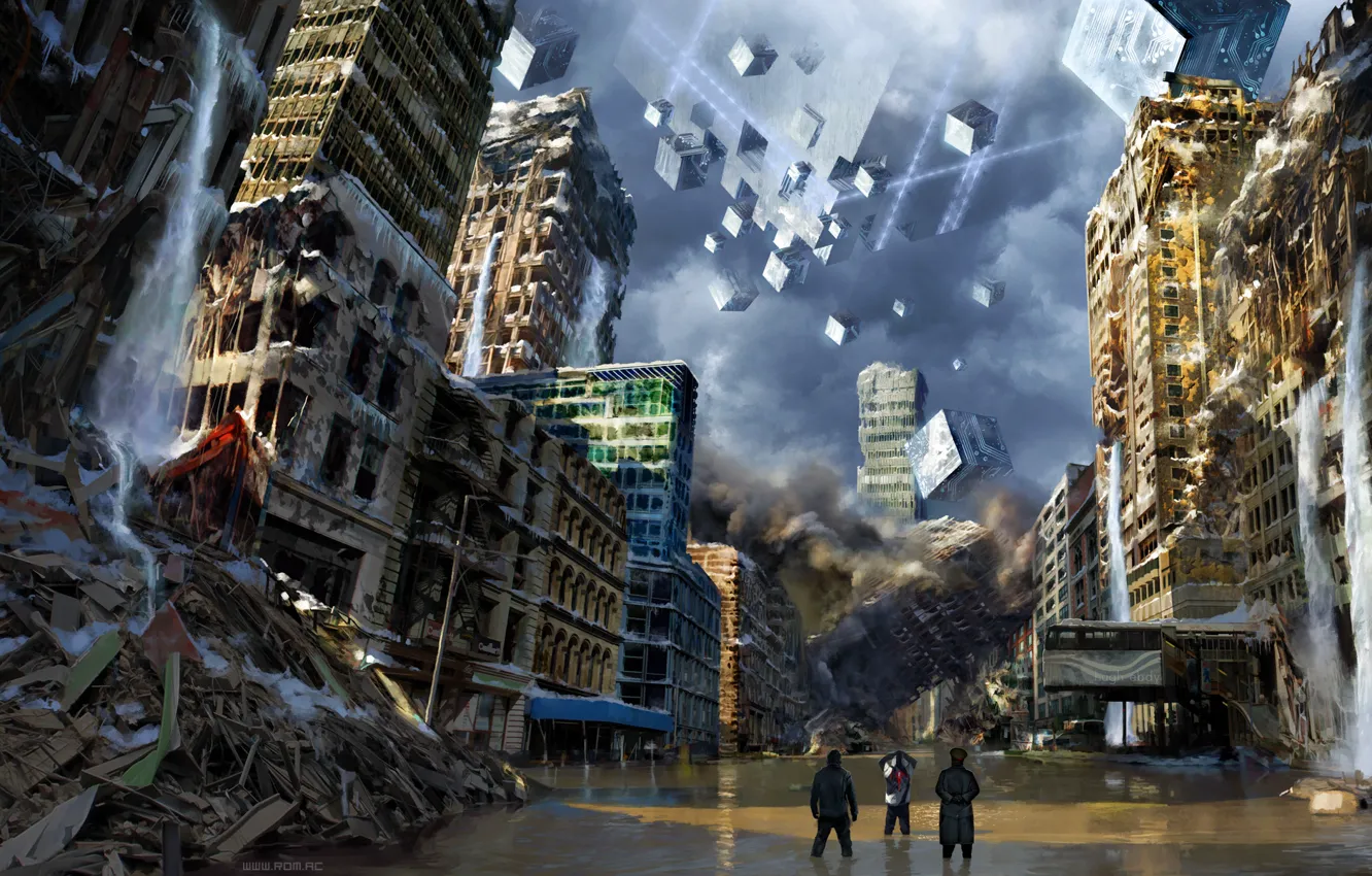 Фото обои город, фантастика, арт, разруха, куб, romantically apocalyptic