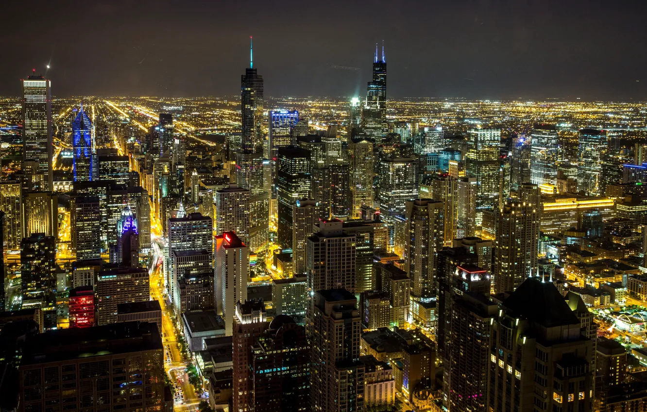 Фото обои city, lights, Chicago, Illinois, panorama, night, glow, streets