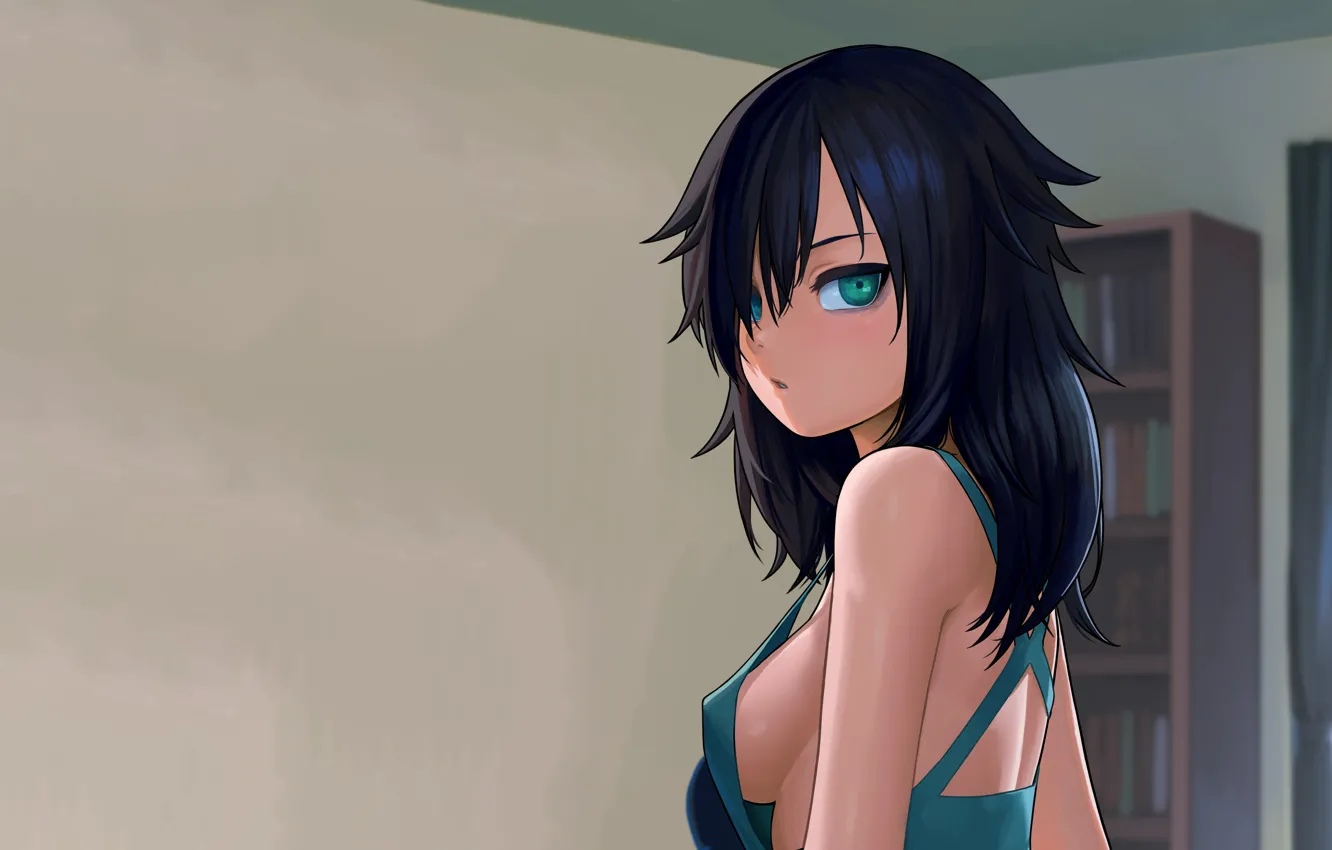 Фото обои girl, sexy, cleavage, green eyes, long hair, dress, boobs, anime