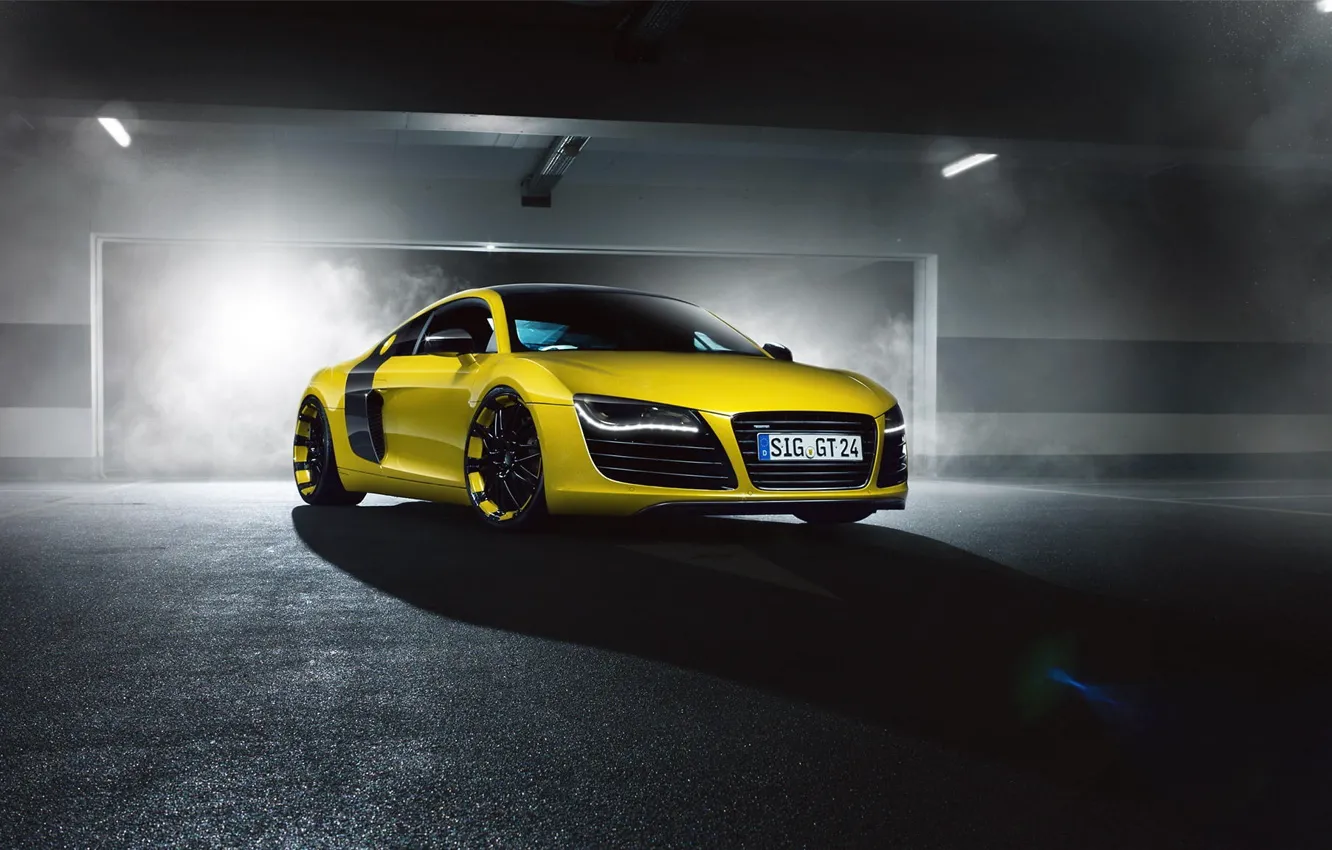 Фото обои Audi, Front, Yellow, Smoke, Supercar, MTM