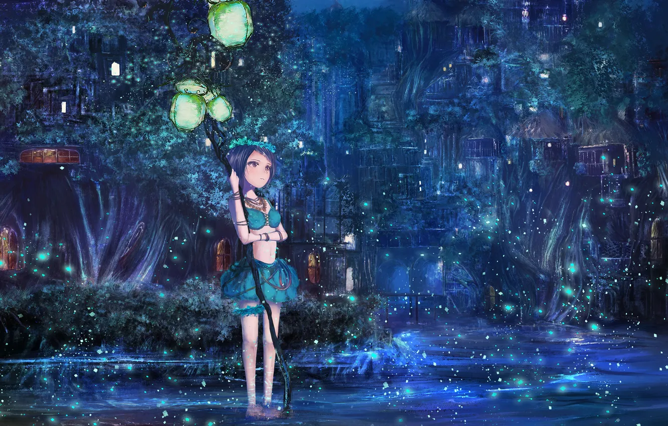 Фото обои вода, девушка, деревья, цветы, ночь, город, светлячки, дома
