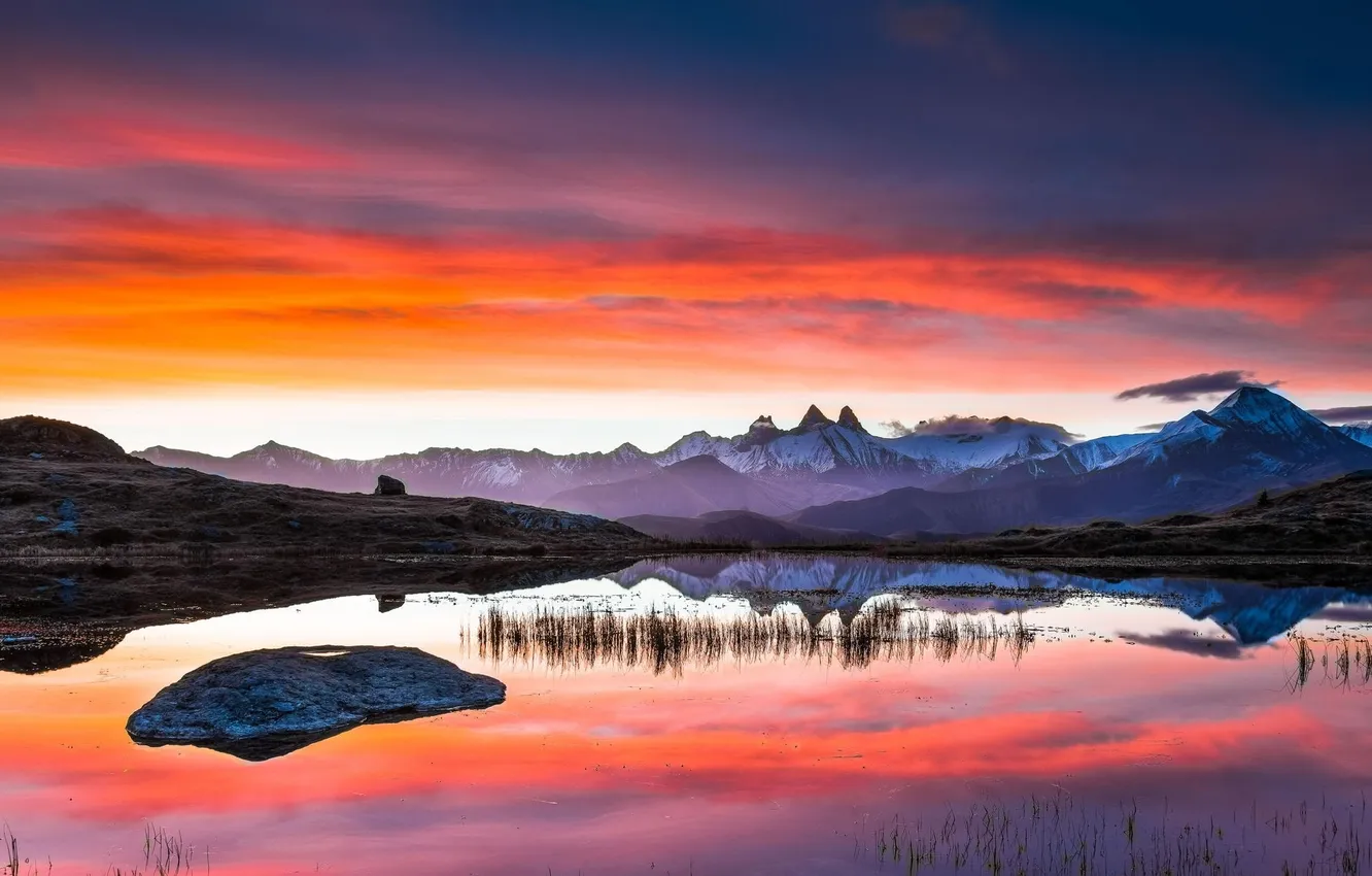 Фото обои снег, пейзаж, горы, озеро, отражение, рассвет