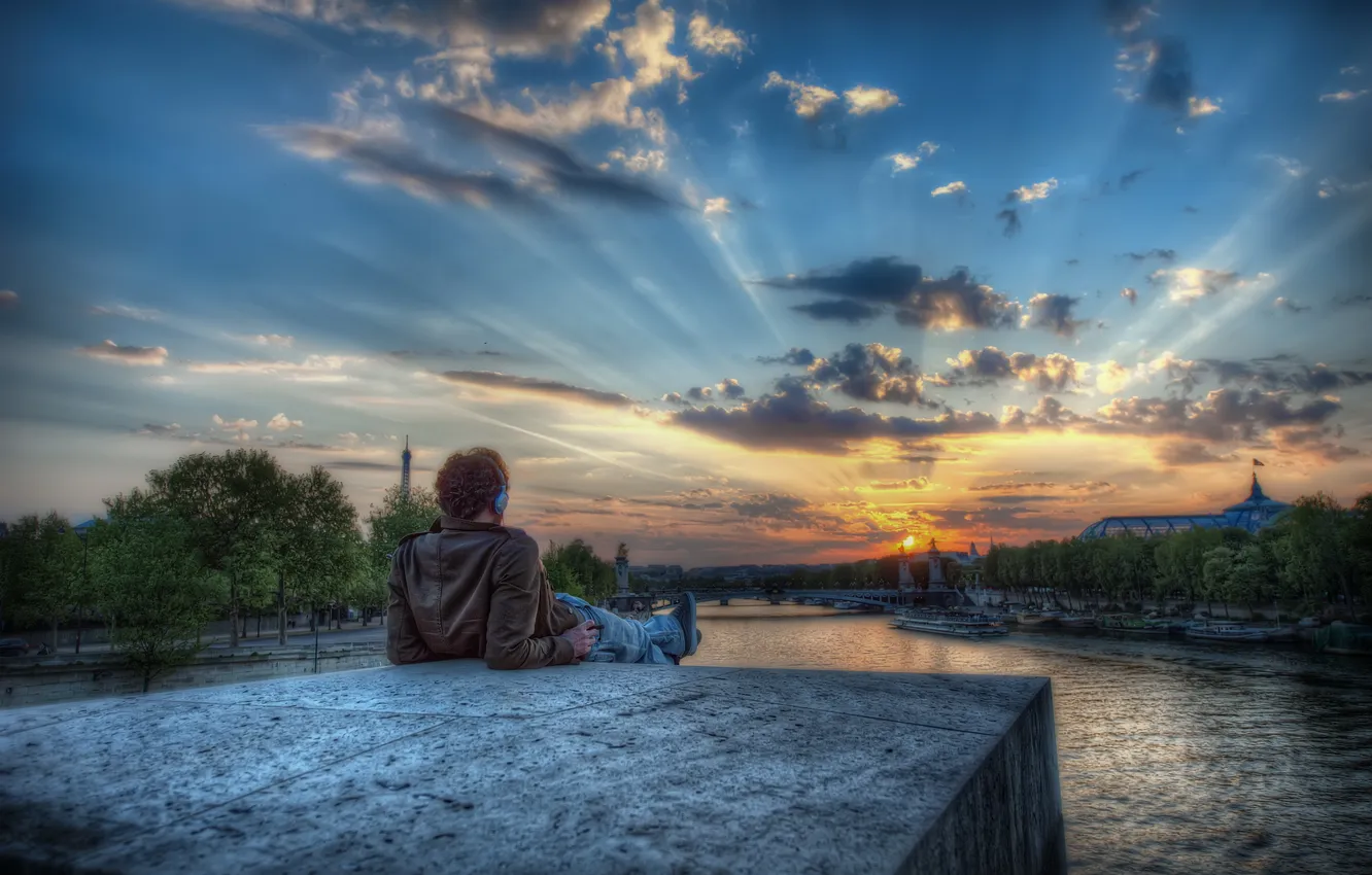 Фото обои закат, река, париж, HDR