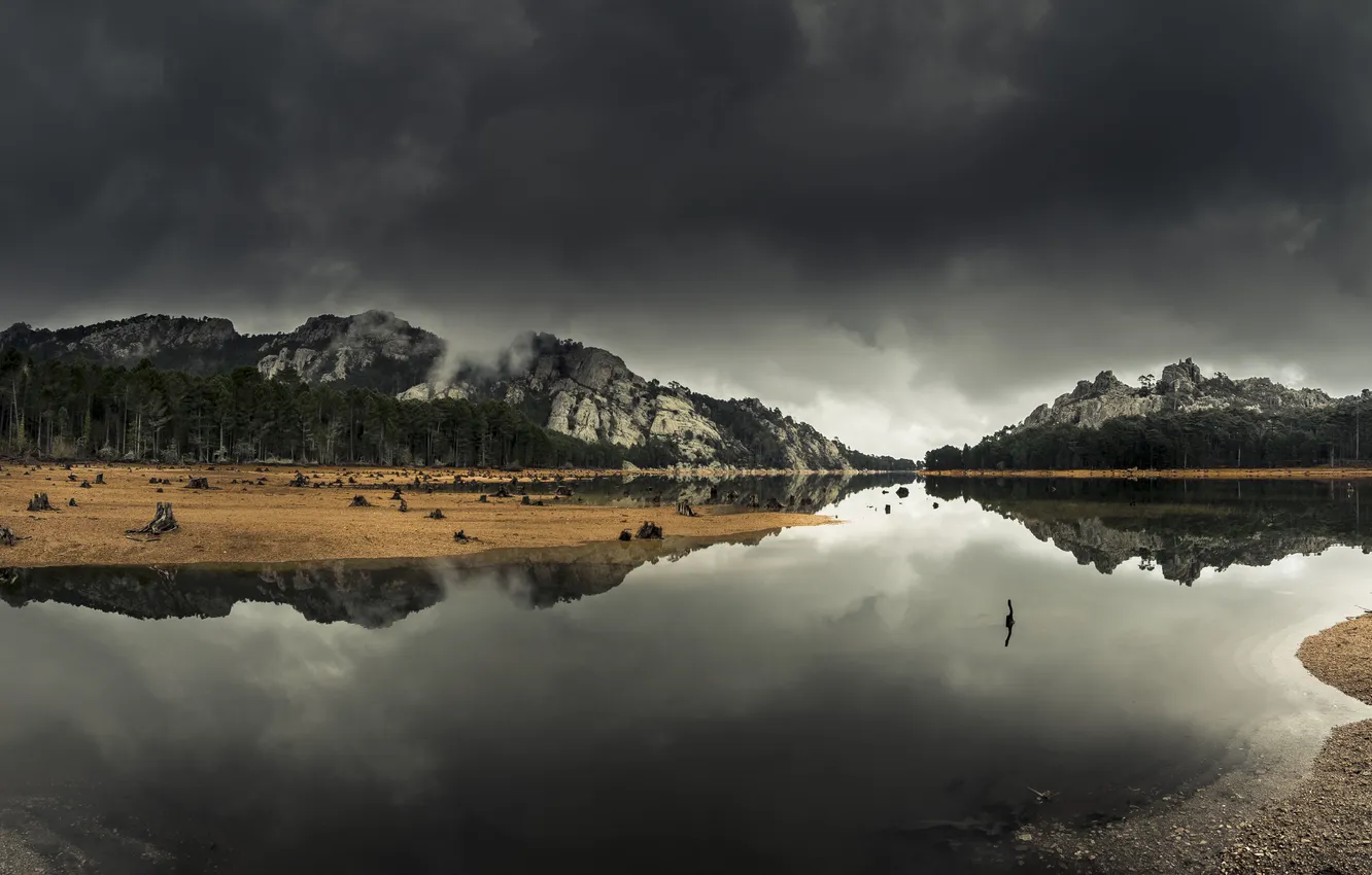 Фото обои гроза, облака, деревья, озеро, отражение, зеркало, холм, пни