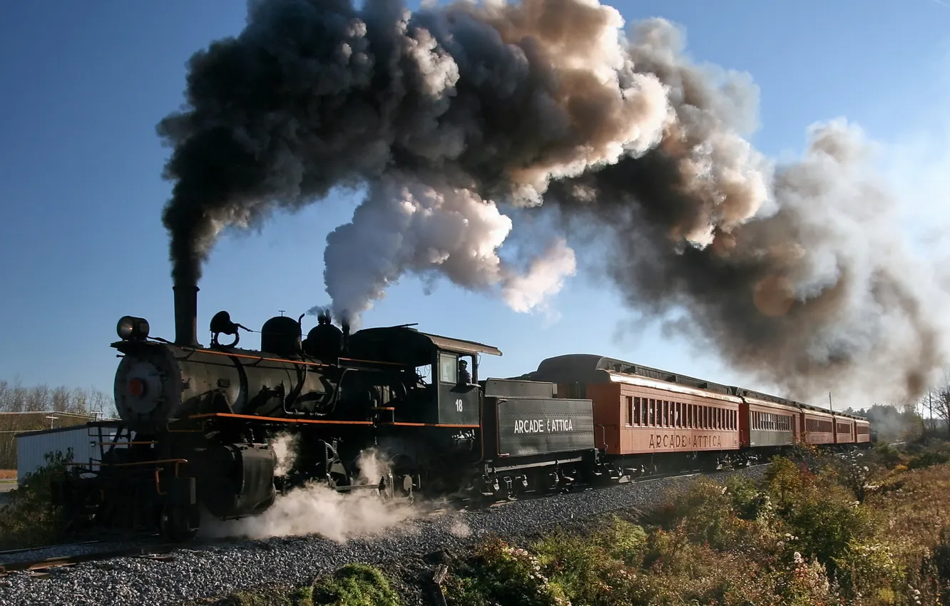 Фото обои поезд, вагоны, дым из трубы