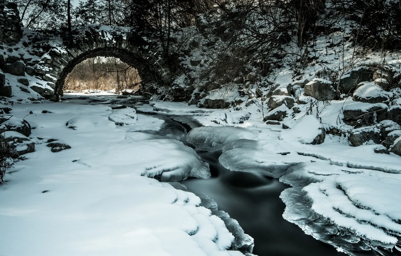 Фото обои зима, мост, речка