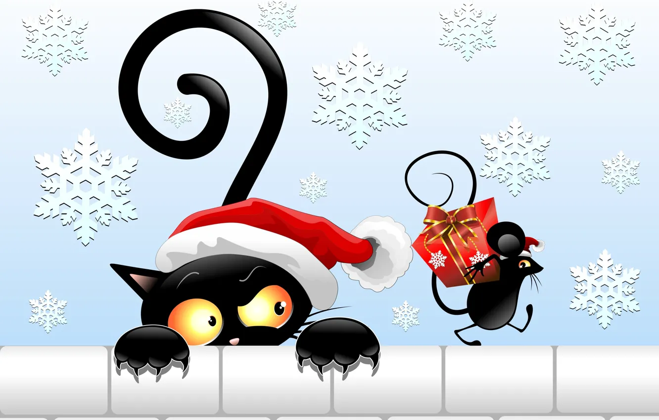 Фото обои взгляд, подарок, шапка, новый год, вектор, мышка, хвост, черный кот
