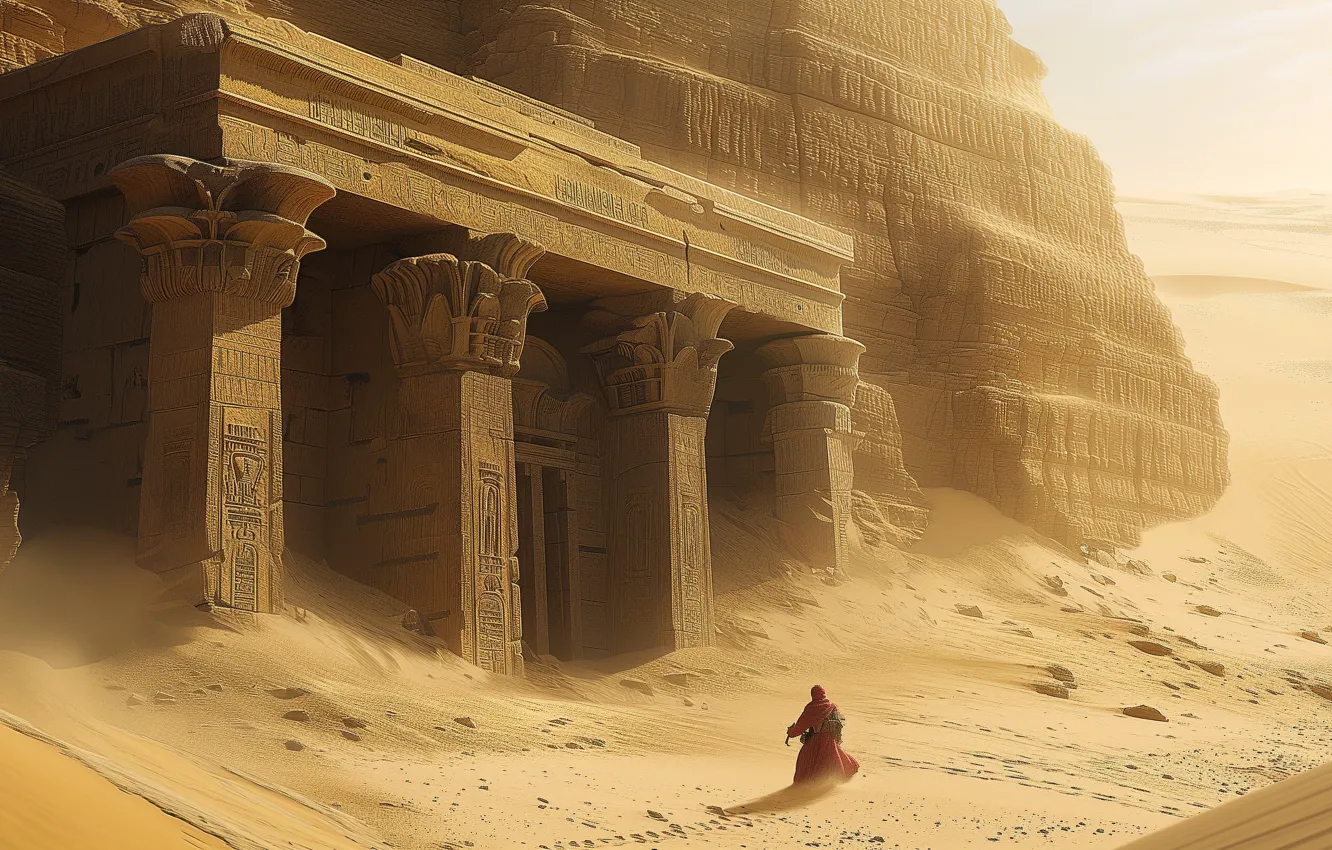 Фото обои desert, Egypt, temple, Mystery, Egyptian mythology, AI art