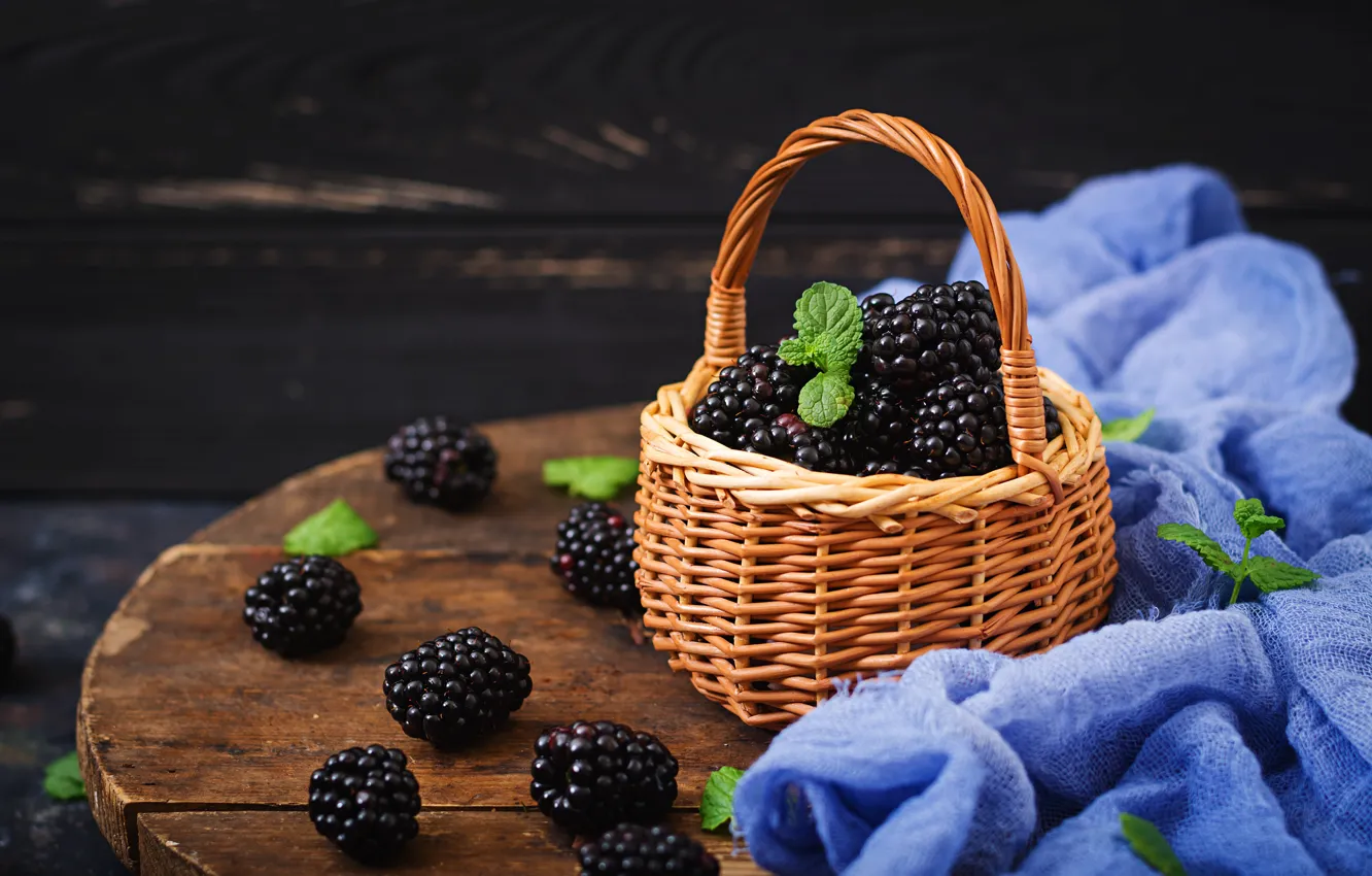 Фото обои ягоды, корзина, fresh, wood, ежевика, blackberry, berries