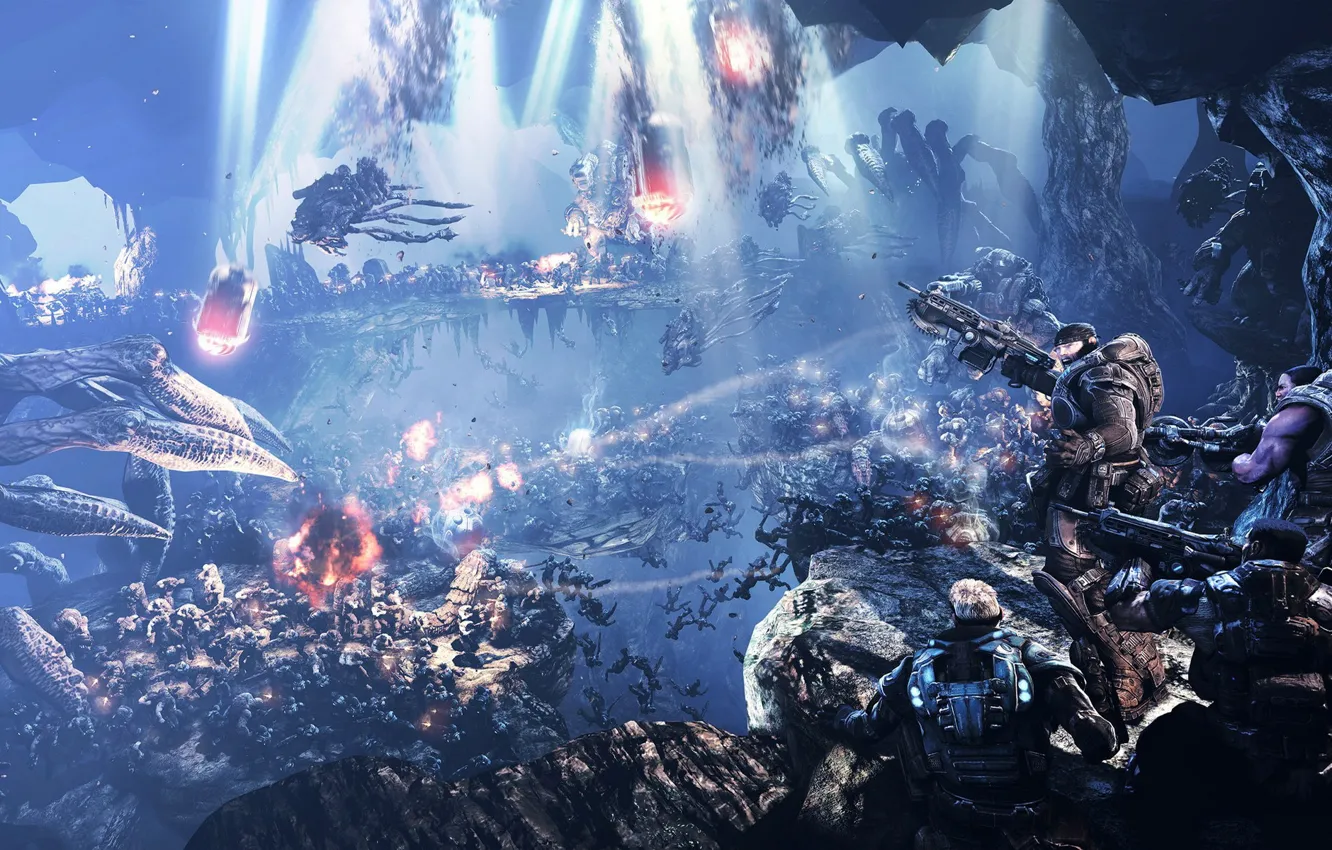 Фото обои война, монстры, солдаты, пропасть, Gears of War