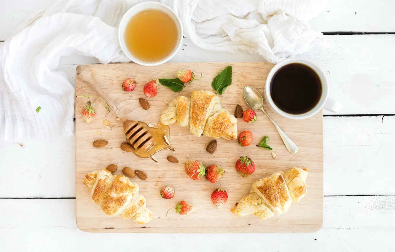 Фото обои ягоды, кофе, завтрак, клубника, мед, coffee cup, strawberry, breakfast