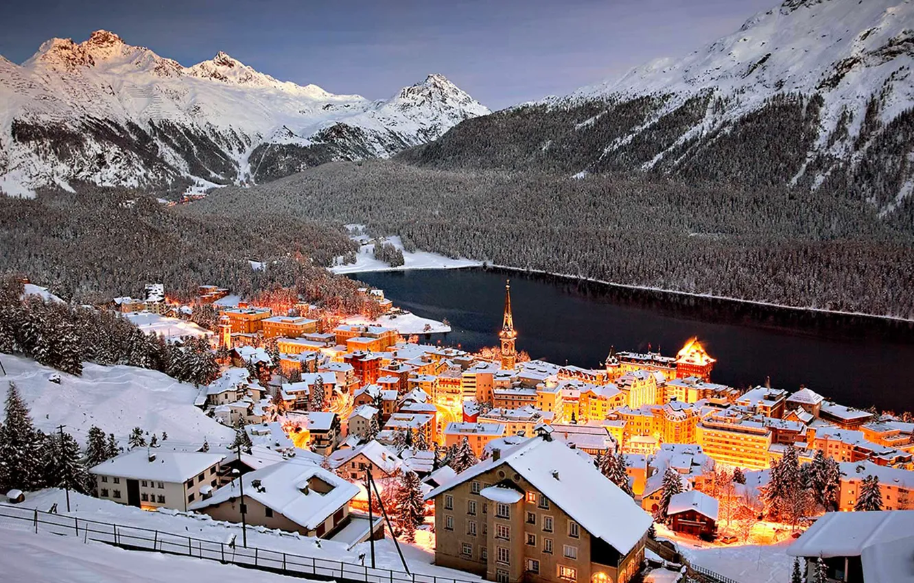 Фото обои пейзаж, горы, огни, озеро, дома, Швейцария, Санкт-Мориц