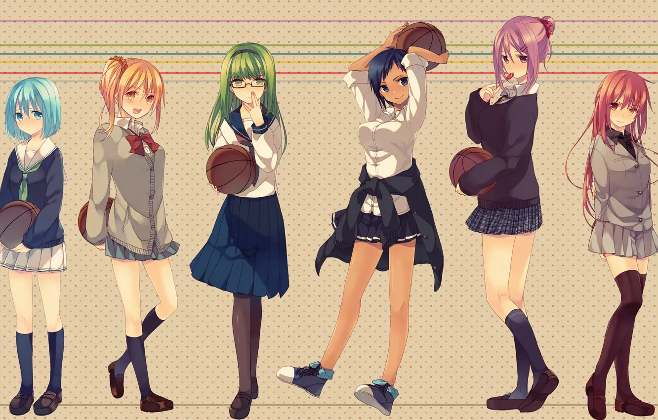 Фото обои девушки, мяч, аниме, арт, очки, форма, школьницы, kuroko no basket