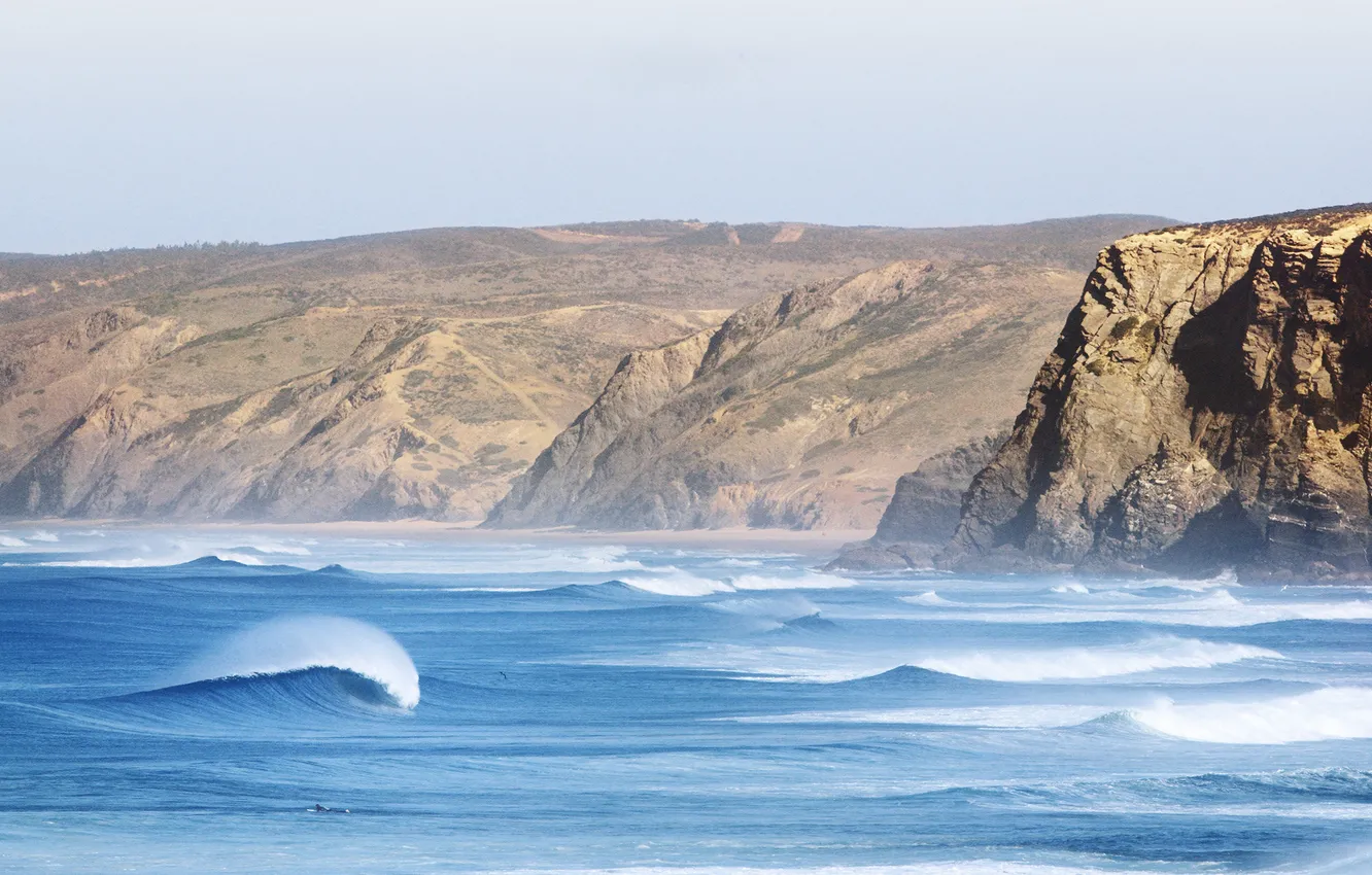Фото обои волны, пляж, небо, брызги, скалы, чайки, серфер, серфинг