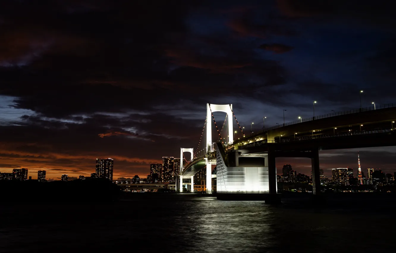 Фото обои city, lights, dark, wallpaper, twilight, river, bridge, water