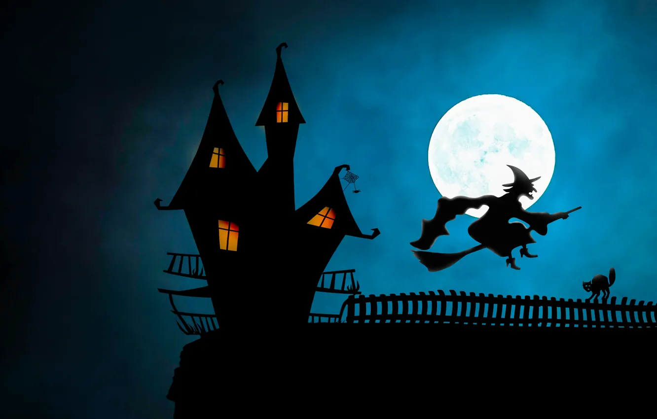 Фото обои ночь, Хэллоуин, ведьма, метла