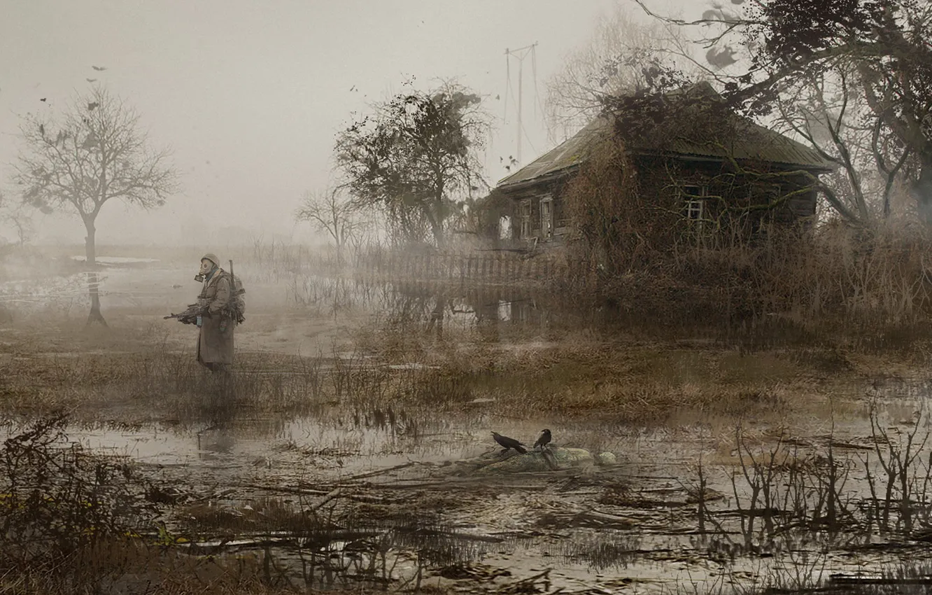 Фото обои Дом, Солдат, Сталкер, Припять, STALKER, Fog, Mac Rebisz, by Mac Rebisz