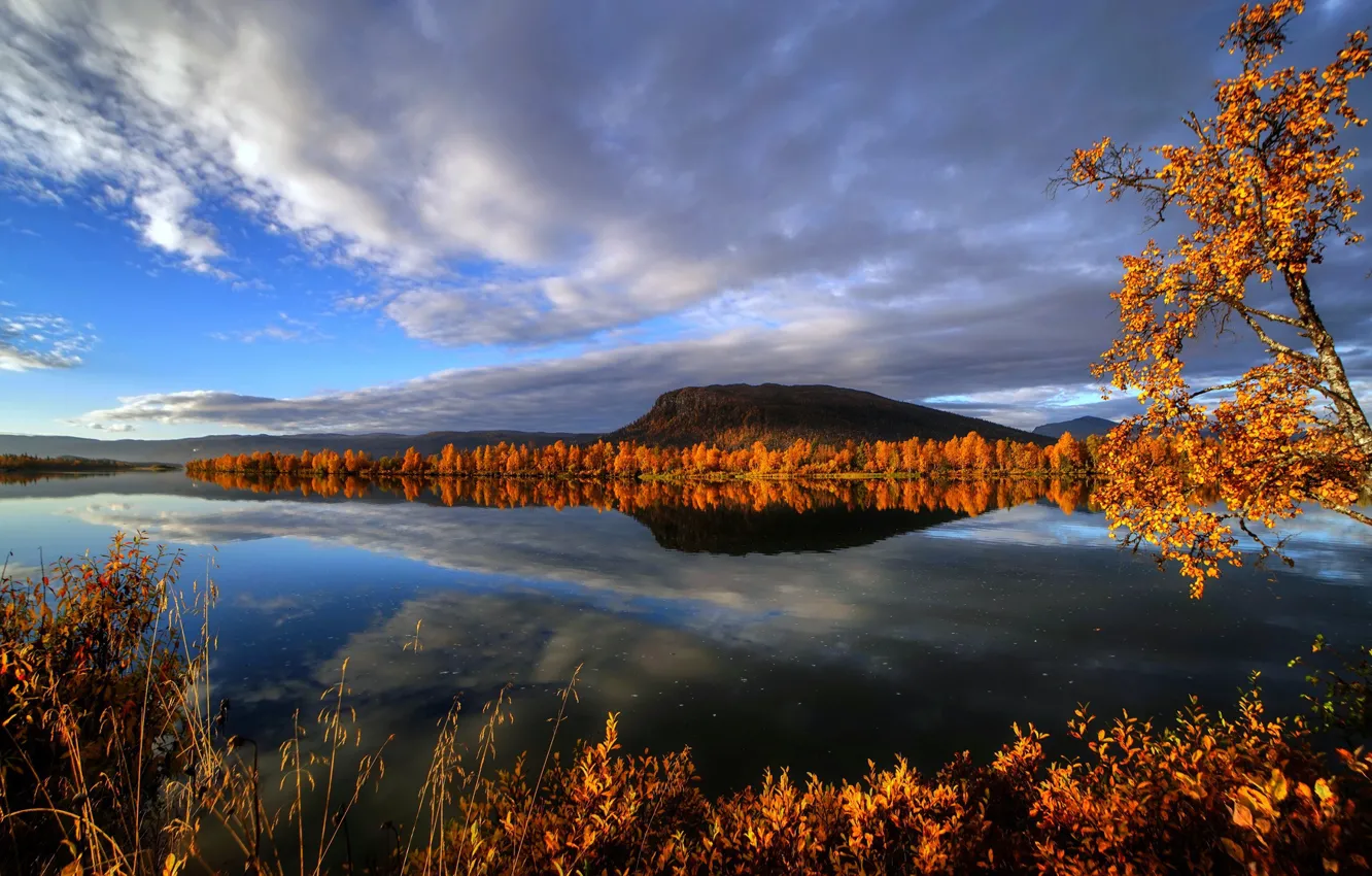 Фото обои осень, деревья, горы, озеро, отражение, река, Швеция