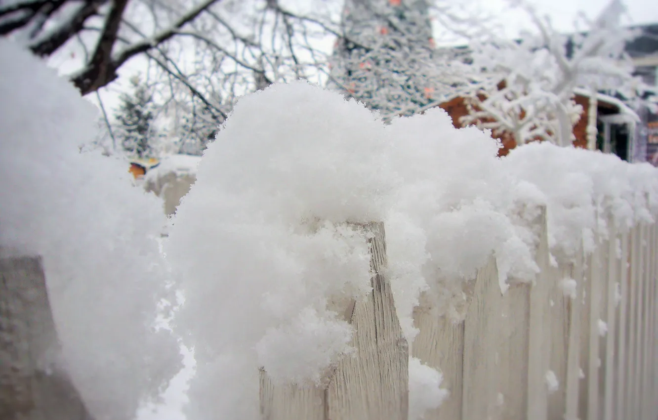 Фото обои зима, снег, настроение, забор