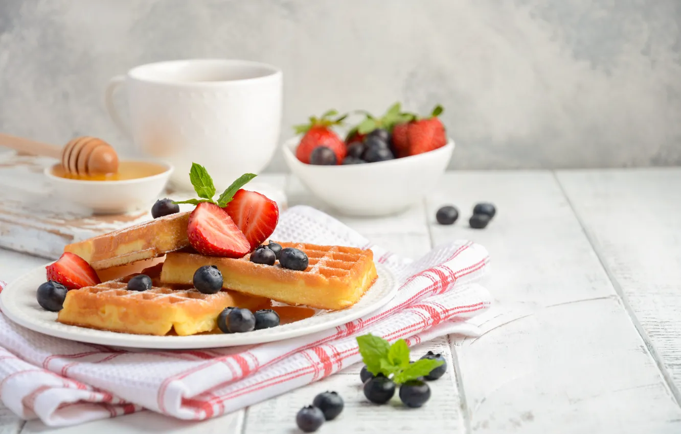 Фото обои ягоды, кофе, завтрак, вафли, Iryna Melnyk