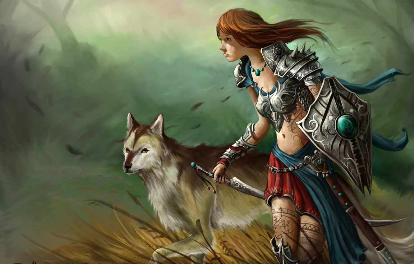Фото обои трава, девушка, ветер, узоры, волк, меч, тату, арт