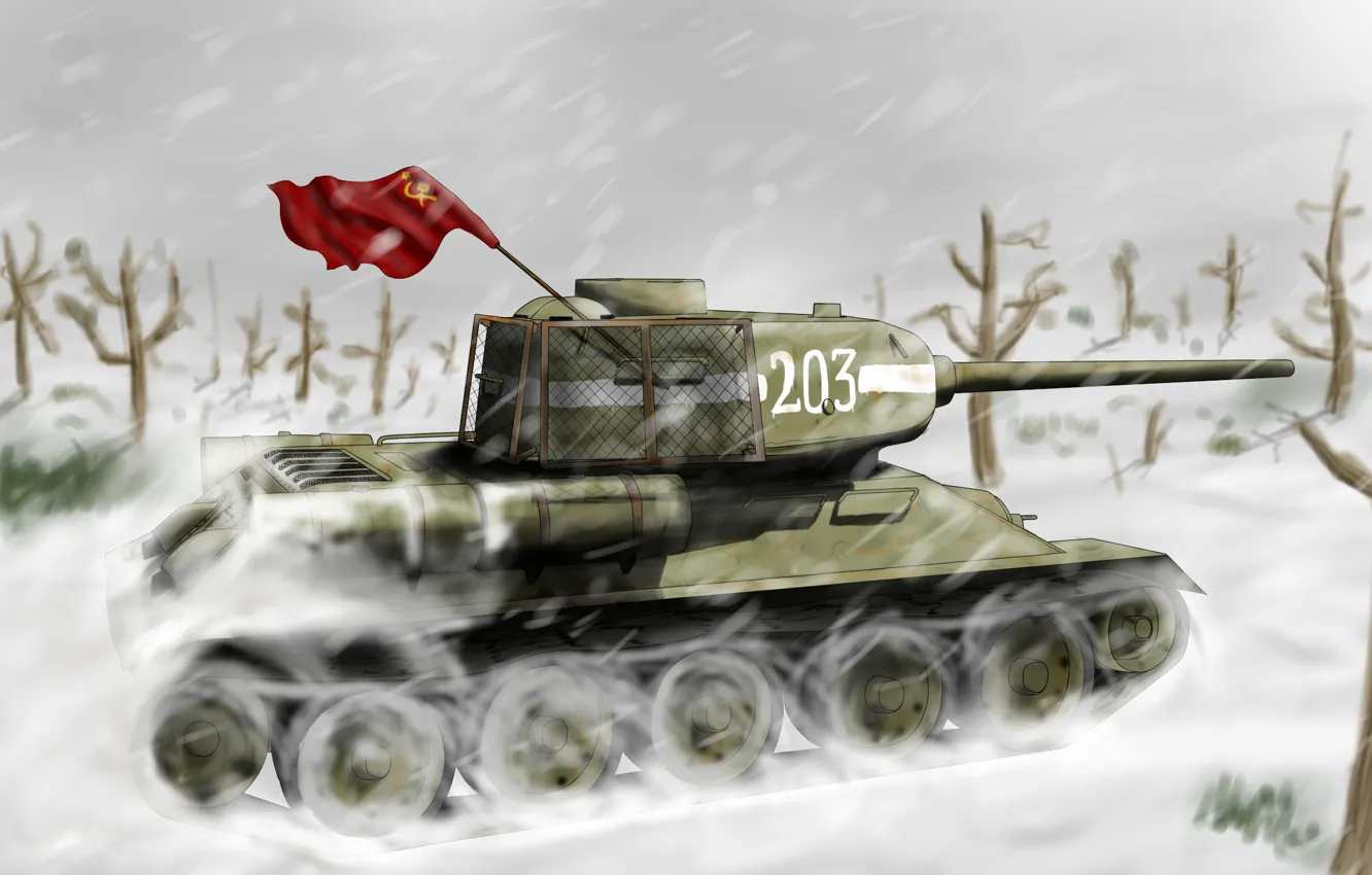 Фото обои зима, снег, рисунок, арт, танк, СССР, метель, ВОВ