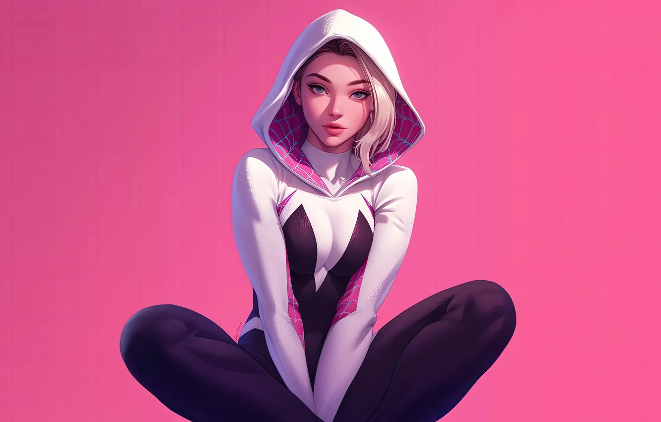 Фото обои Gwen Stacy, Pink Background, Spider Gwen, Spider Woman, AI Art, Ai Generated