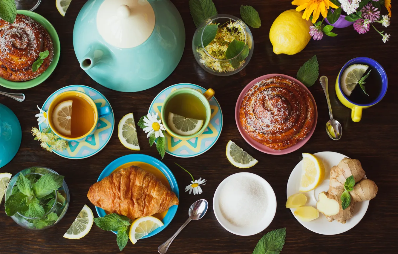 Фото обои лимон, чай, мед, чашка, lemon, honey, травы, выпечка