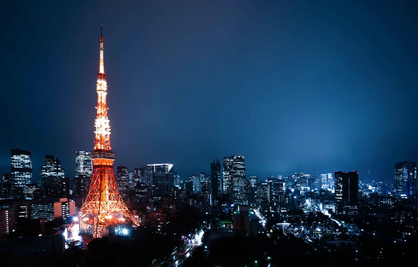 Фото обои здания, дома, Япония, Токио, Tokyo, Japan, ночной город, телебашня