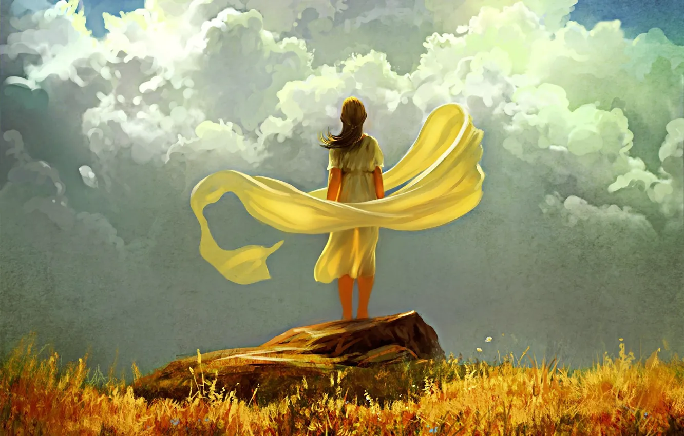 Фото обои осень, небо, трава, девушка, облака, ветер, камень, арт