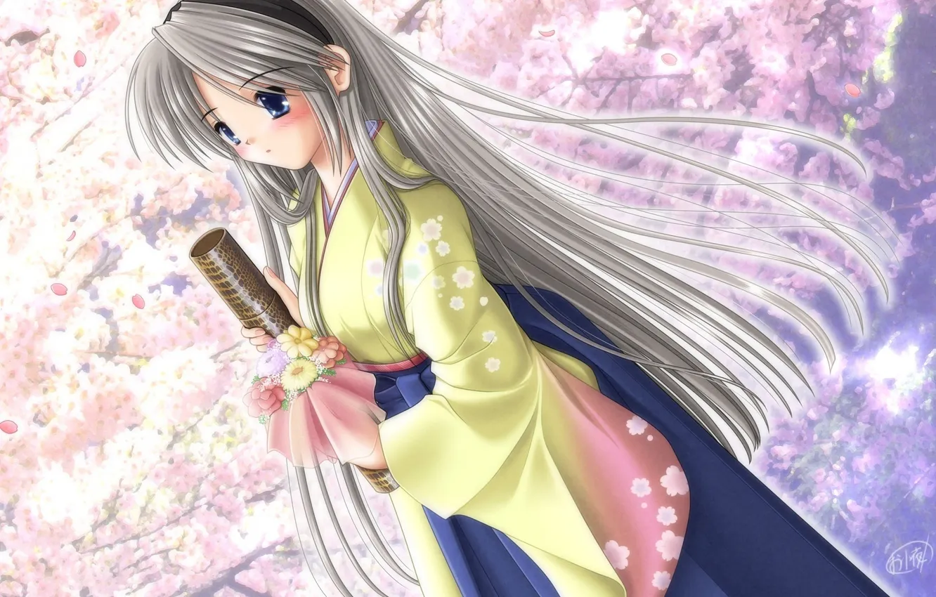 Фото обои цветы, весна, аниме, сакура, арт, девочка