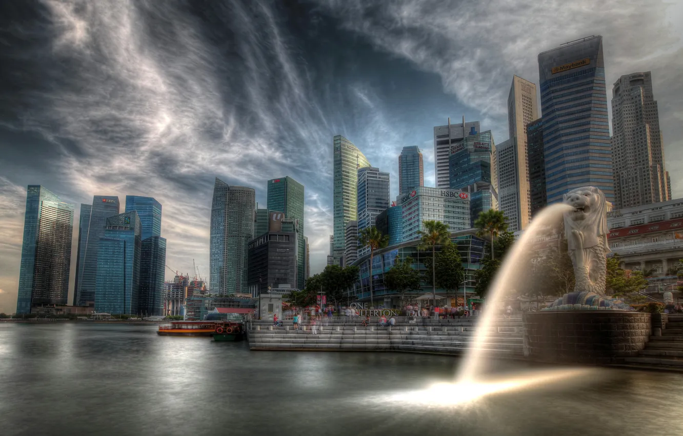 Фото обои дома, небоскребы, hdr, Сингапур, фонтан, набережная