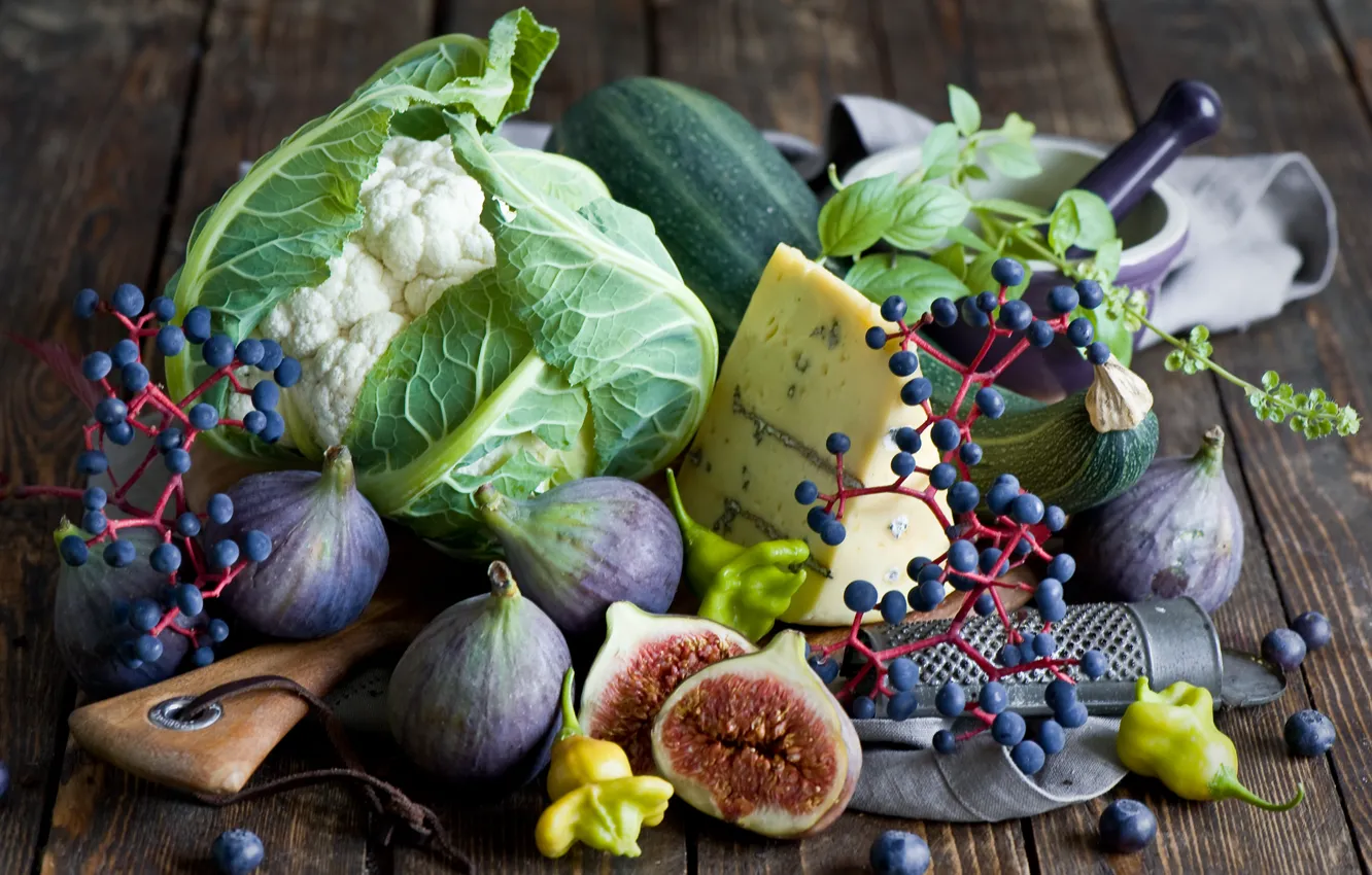 Фото обои осень, ягоды, еда, сыр, черника, виноград, овощи, инжир